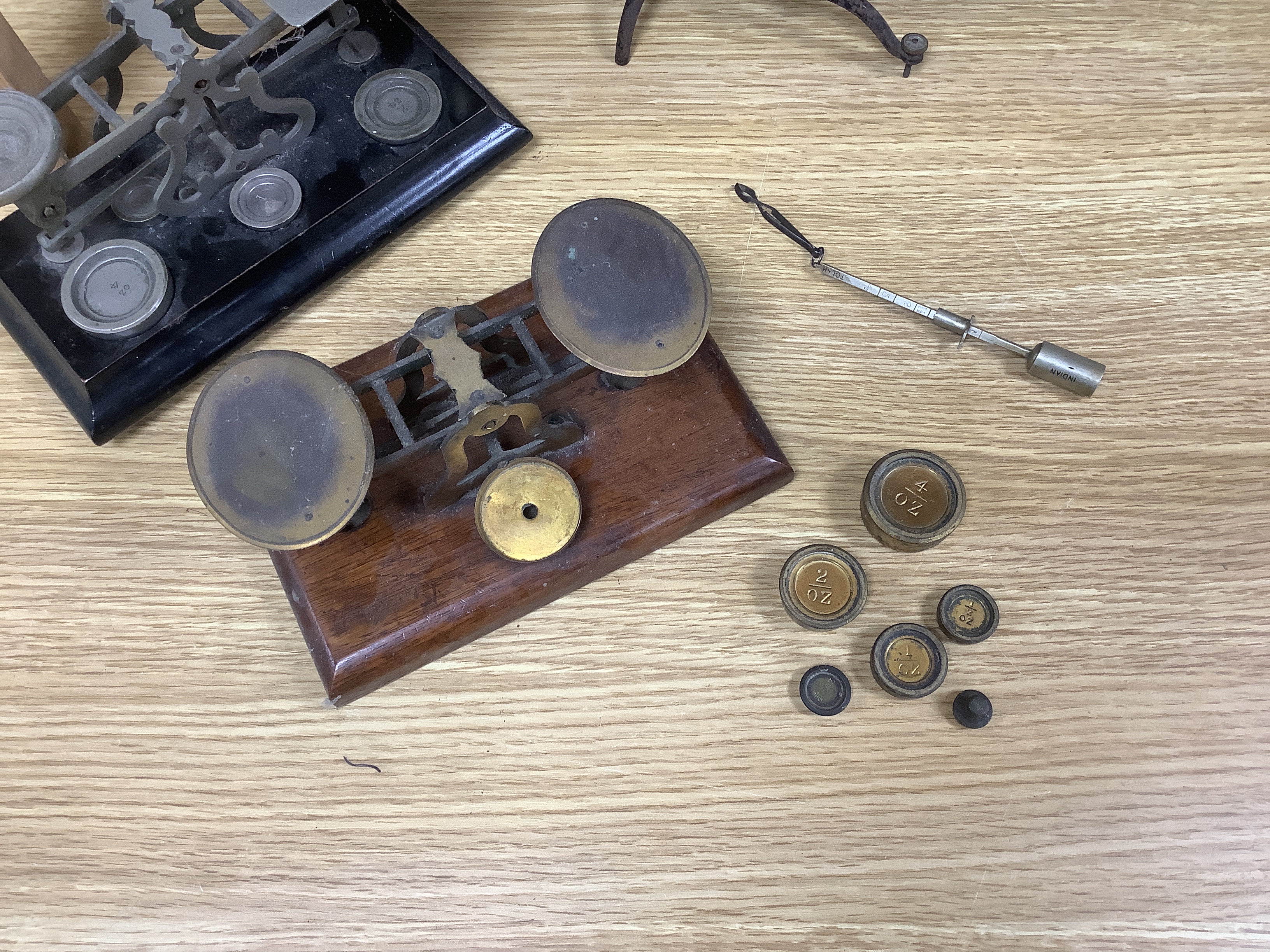 Five various postal scales, largest 55cm wide